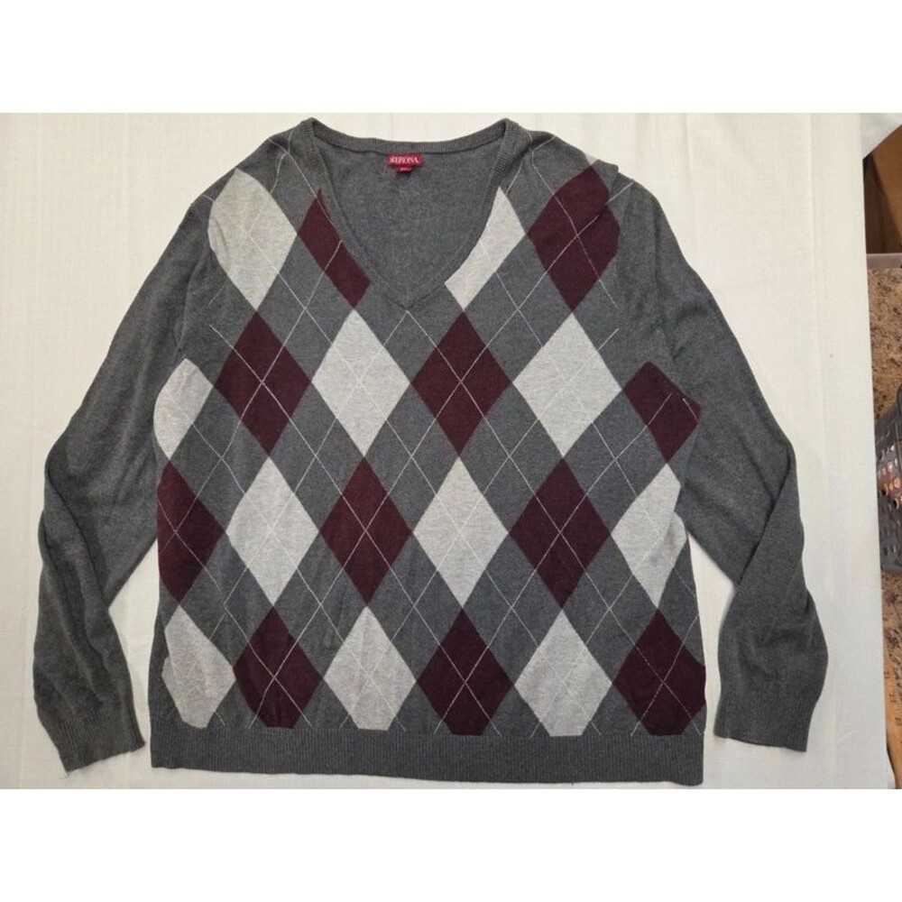 Merona Men's XXL Gray Argyle V-Neck Lightweight Knit Sweater